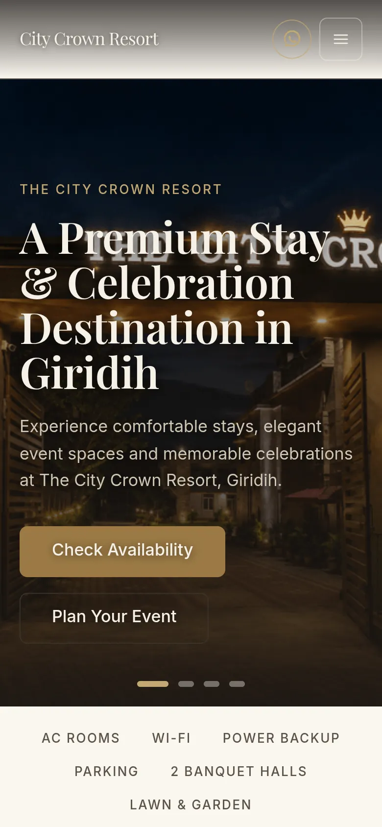 The City Crown Resort website — mobile view